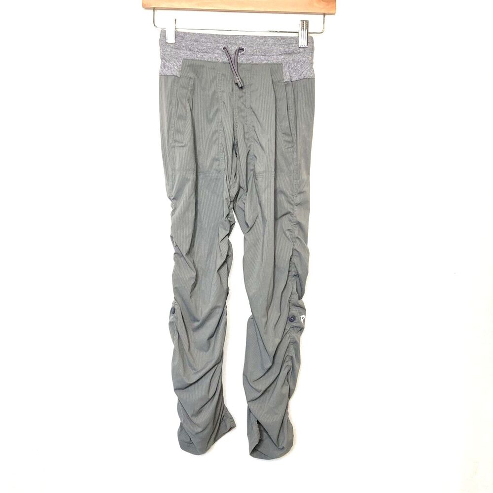Ivivva Girls 8 Live To Dance Pant Ruched Button Gray Unlined Drawstring Pockets